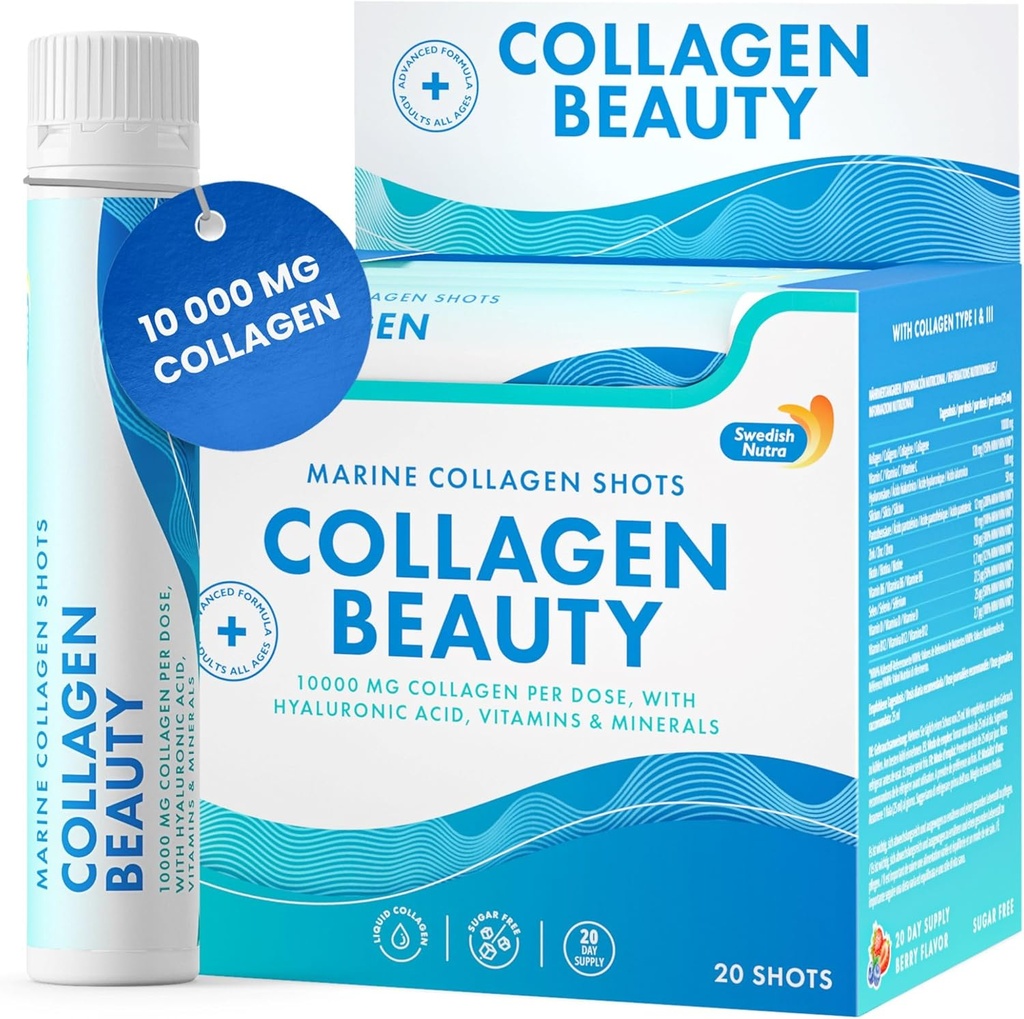 Suédois Nutra - Collagène Beauté de 10 000 mg Complément liquide de collagène marin hydrolysé - 20 x 25 ml Tours quotidiens de l'acide hyaluronique et de la vitamine C pour soutenir cheveux, peau, ongles sains