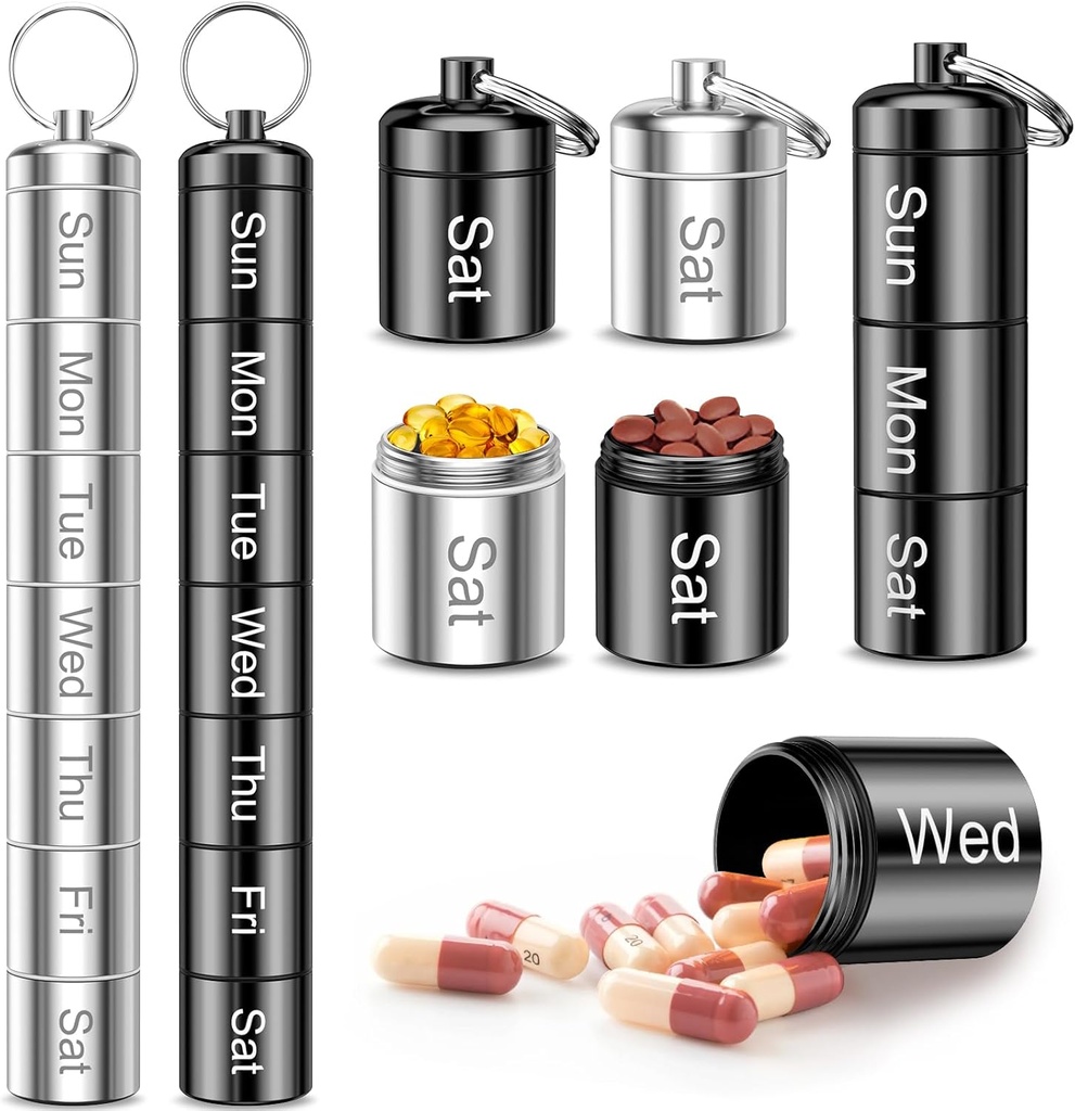 Organisateur hebdomadaire de pilules, Portable QuwaYee Petite Pill Case Porte-clés Pill Holder pour les voyages, 2 Pack Metal Pill Case Waterproof Daily Medicine Pill Organisateur pour la vitamine, huile de poisson, supplément