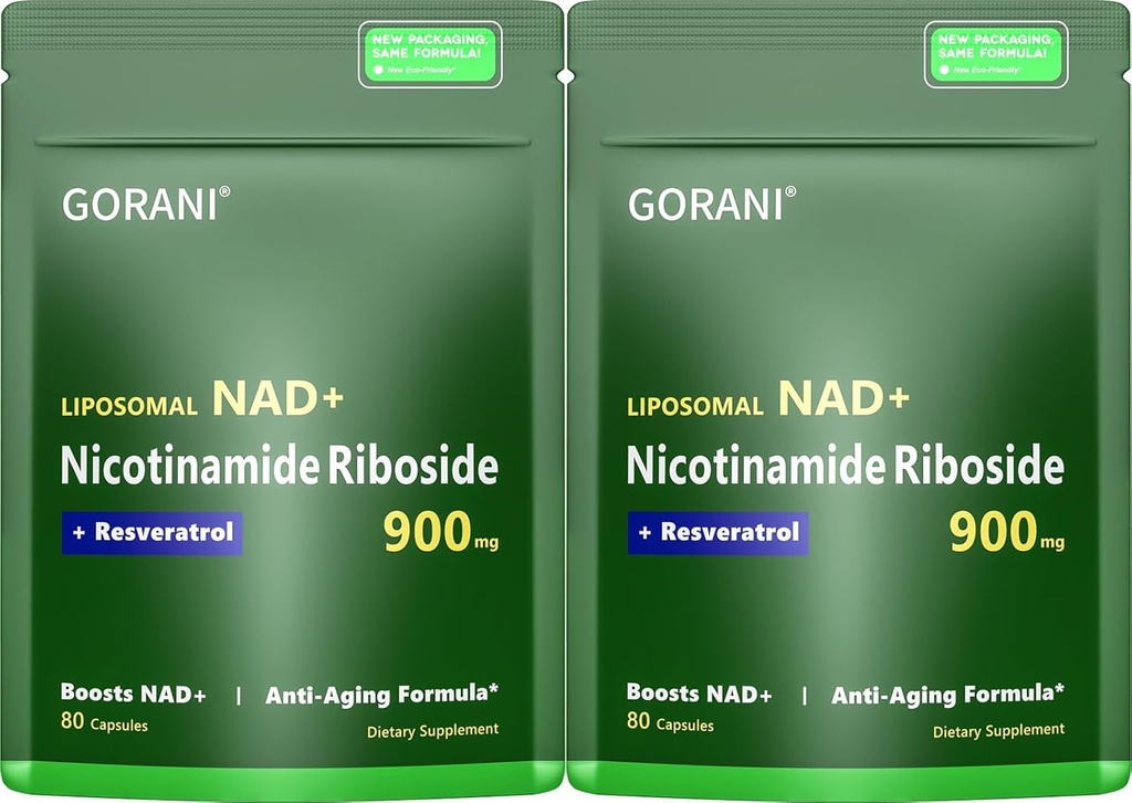 Supplément Gorani NAD+ 900MG – Nicotinamide Riboside, Resvératrol liposomique et Quercetin – soutient l'énergie cellulaire et la santé antioxydante – 80 capsules
