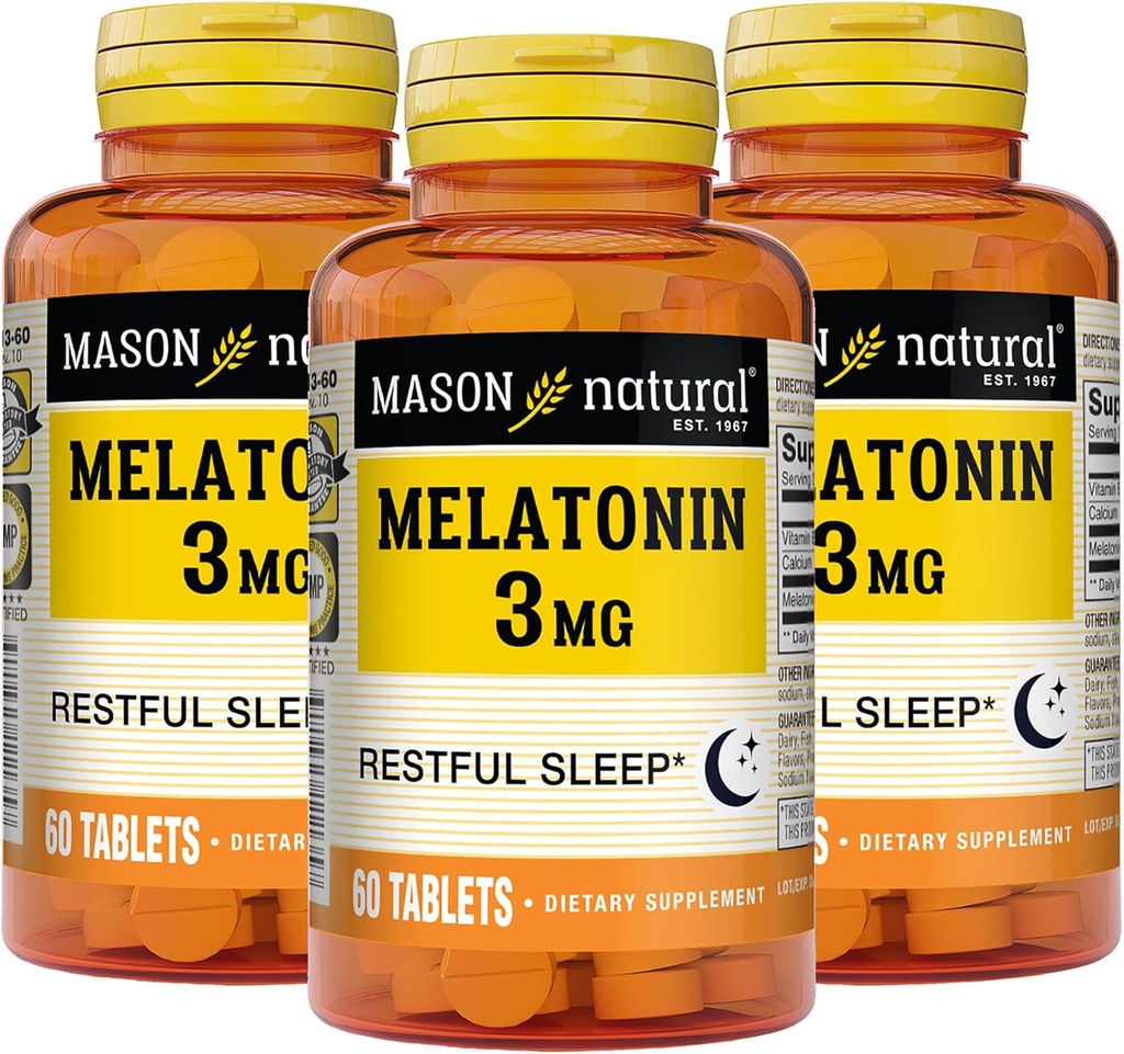 MASON NATURAL Mélatonine 3 mg avec B6 et calcium, aide naturelle au sommeil, soutient le sommeil reposant, 60 comprimés (paquet de 3)