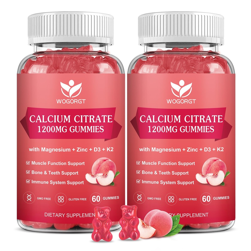 Citrate de calcium 1200mg Gommies avec vitamine D3, K2 - Supplément de zinc de magnésium de calcium à croquer avec extrait de mousse de mer pour les os, les dents, le soutien immunitaire pour les femmes et les hommes, Peach Flavor-60 Gommies(2Pack)