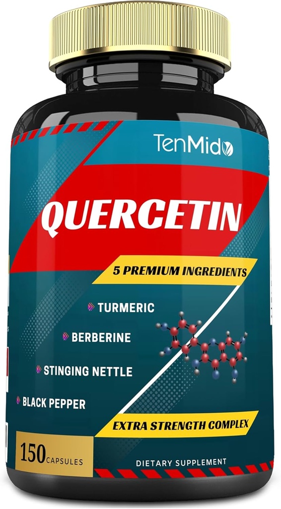Quercetin Suppléments Capsules - Prise en charge du système immunitaire et de la santé cardiaque, Antioxydants avec la berbère, Bouilloire Sting, Turmère, Poivre noir - 150 Capsules - 5 mois d'approvisionnement