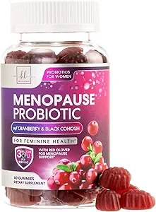 Suppléments à la ménopause pour les femmes Gummées - avec Cohosh noir, Cranberry 3 milliards CFU Probiotiques - Complete Ménopause Relief Balance for Hot Flashes, Sueurs de nuit, soutien de santé vaginal - 60 Gummées