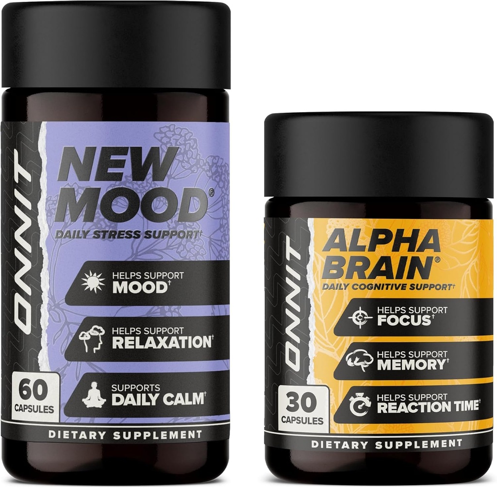 ONNIT Premium Alpha Brain Bundle - Supplément Cerveau Nootropique (30 Compte) pour Focus, Concentration et Mémoire + Nouveau Supplément d'humeur pour Soulagement du Stress, Sommeil et Mood (60 Compte)