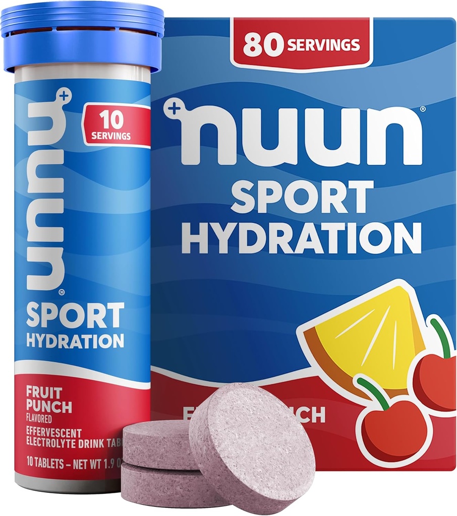 Tablettes électrolytiques Nuun Sport avec Magnésium, Calcium, Potassium, Chlorure et sodium, Sans gluten et végétalien, Punch aux fruits, 8 paquets (80 portions Total)