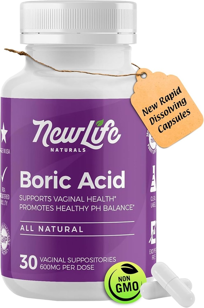 NewLife Naturals - Suppositoires d'acide borique pour les femmes pH Pilules d'équilibre - 600mg - Soins Féminine - Démangeaison d'odeur vaginale BV.