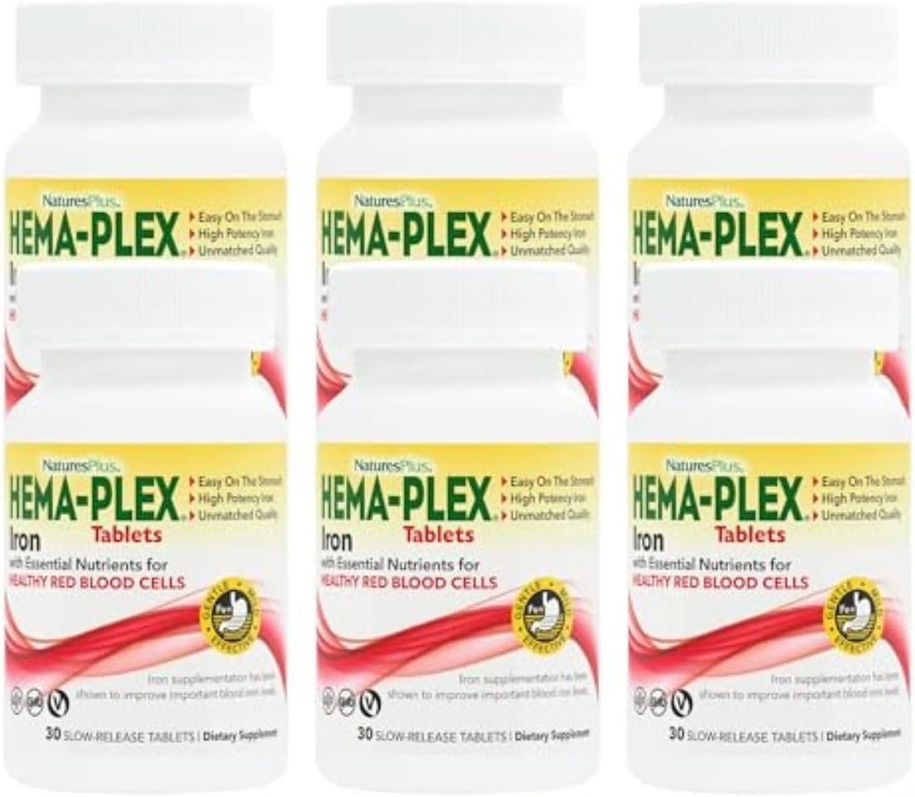 NaturesPlus Hema-Plex Fer - 30 comprimés à libération prolongée, boîte de fer élémentaire de 6-85 mg - Santé totale du sang - avec vitamine C et bioflavonoïdes - Vegan, sans gluten - 180 portions totales