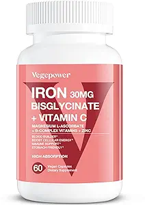 Iron Bisglycinate, 30mg Vegan Iron Supplement for Women & Men, Chelated with Vitamin C, B12, Folic Acid - Iron Pills for Anemia, High Absorption, Gluten-Free, Non-GMO - 60 Capsules