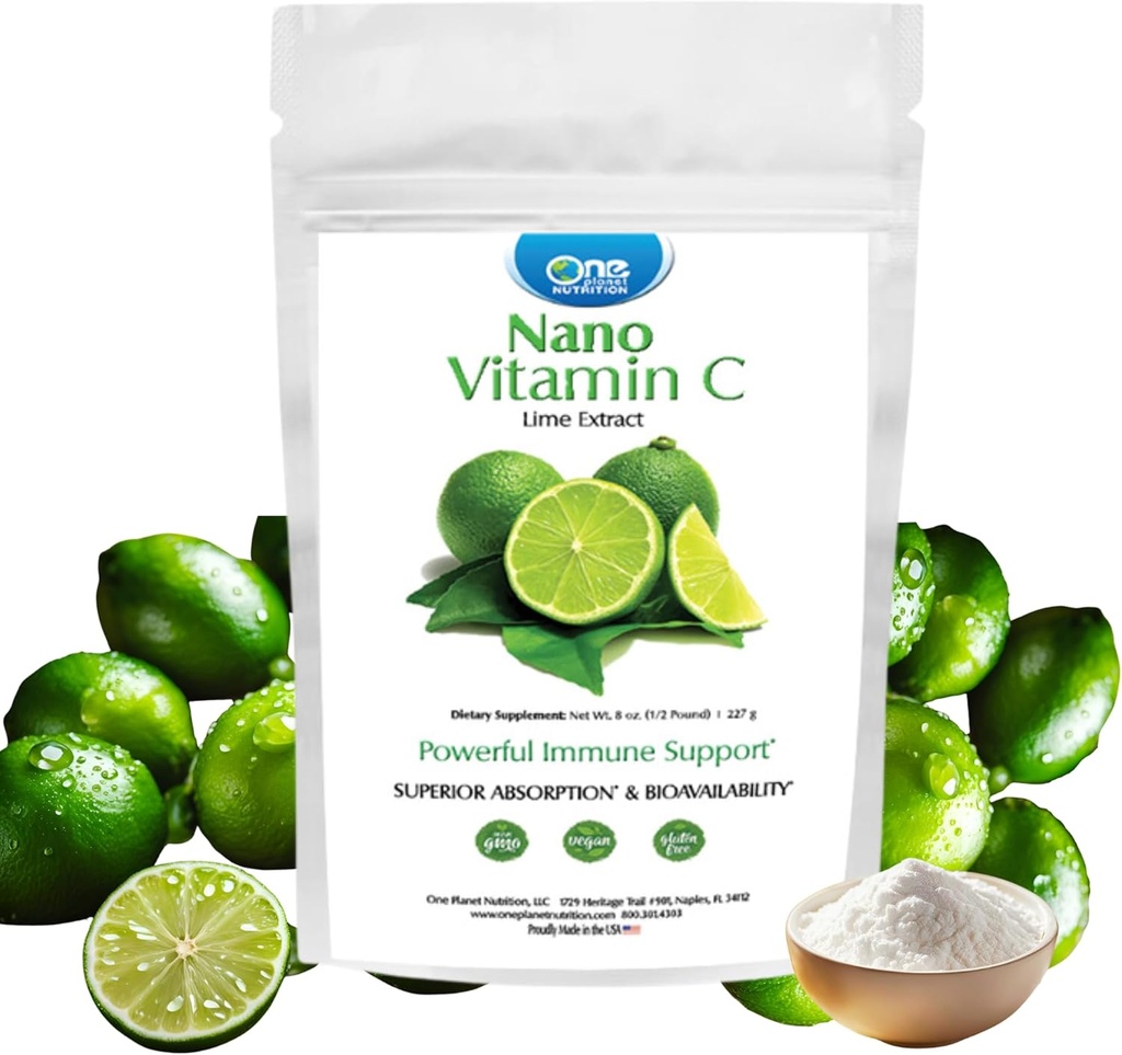 One Planet Nutrition Nano Vitamin C Powder 8 oz (227 Servings), Ascorbic Acid from Lime Extract, Nano for Enhanced Absorption, Supports Collagen Production & Immune Health, Non-GMO, Vegan