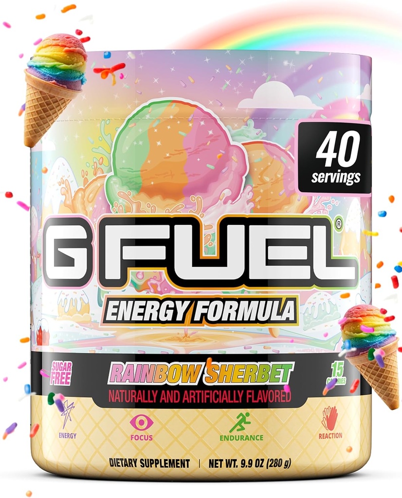 G Combustible Rainbow Sherbet Energy Drink Poudre, Pré-entraînement Caféine Mix pour le jeu, Sucre sans accent Amino, Vitamine + Antioxydants, 9.9oz (Sherbet de Rainbow, 40 portions)