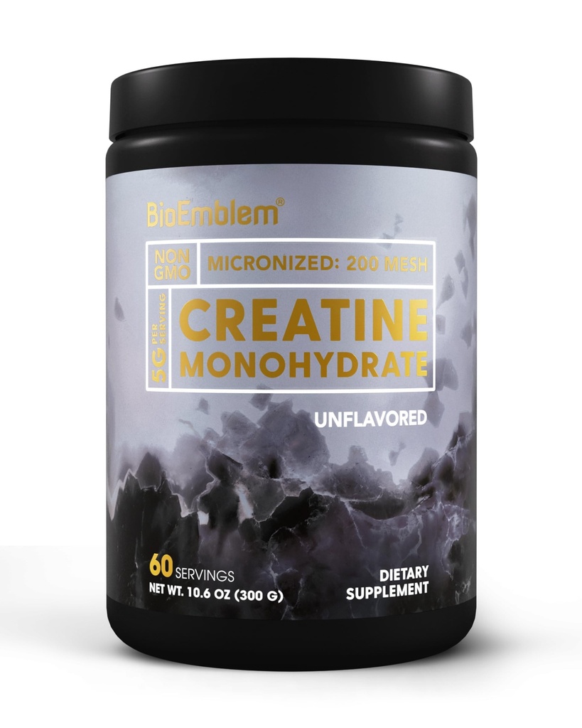BioEmblem Poudre monohydratée de créatine – Micronisée, non aromatisée, 5000mg par portion(5g) – Soutient la force musculaire, la récupération d'entraînement et la performance supplément créatine– végétalien, non-OGM, 60 portions