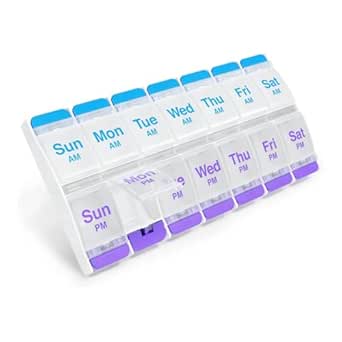 Bouton poussoir EZY DOSE (7 jours) Cas de pilule, planificateur de médicaments, organisateur quotidien de vitamines, 2 fois par jour AM/PM, X-Grand Compartiments, Arthrite amical, facile à utiliser, clair Lids, violet et bleu, sans BPA