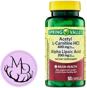 Generic Acetyl L-Carnitine HCI 400 mg + Alpha Lipoic Acid 200 mg Capsules Spring Valley, 50 Count + Sticker Dri Store