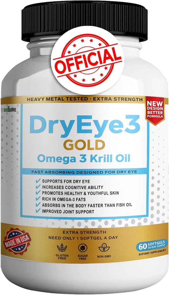 Oeil sec 3 Gold Omega 3 Huile de krill Extra Strength, 60 softgels, support des yeux secs, non-OGM, sans gluten, sans sucre (1)