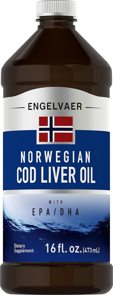 Piping Rock Cod L'huile de foie liquide de 16 fl oz avec l'EPA DHA. Engelvaer Norwegian.