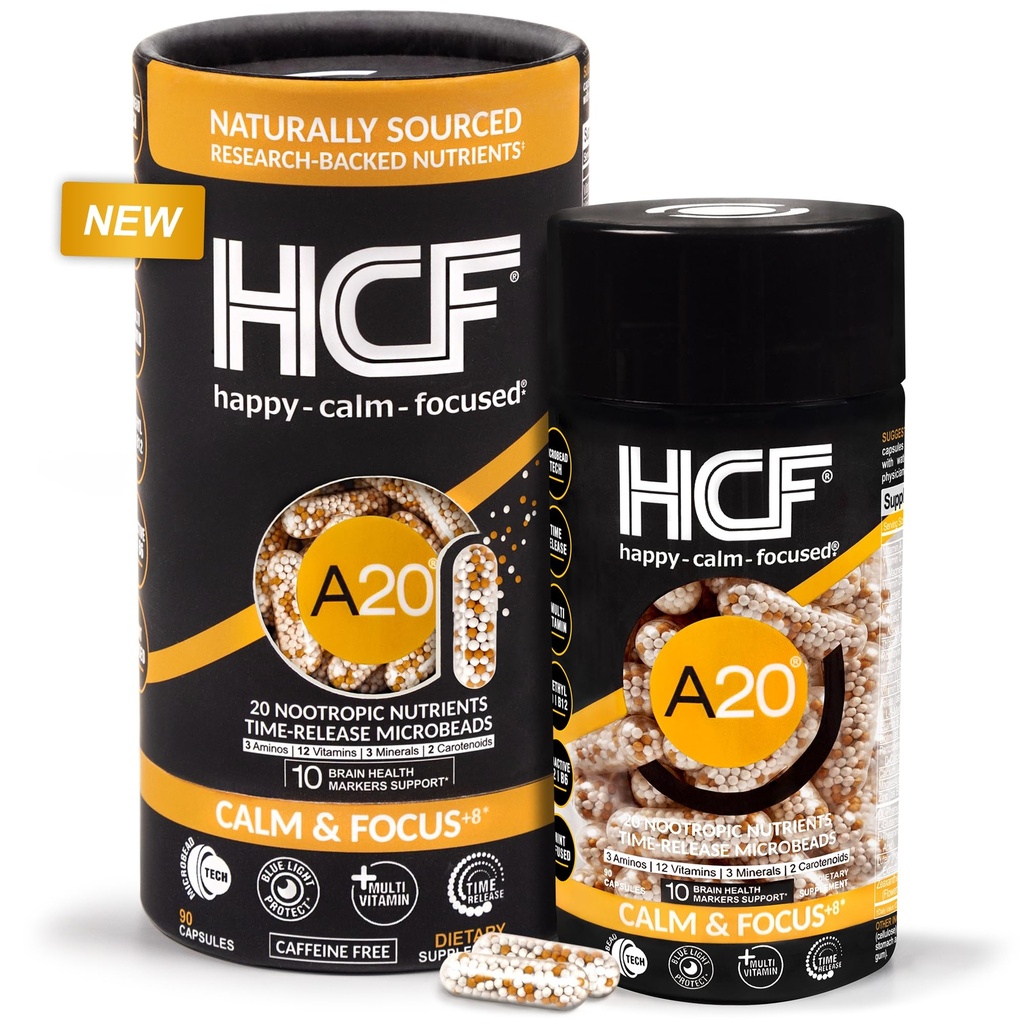 HCF A20 Microbead Cerveau Suppléments santé pour adultes pour mémoire, focus, calme, humeur, alerte, attention, vision, sommeil, système immunitaire, 20 Nootropic Nutrients Premium Multivitamin & 7 Advances® Tech