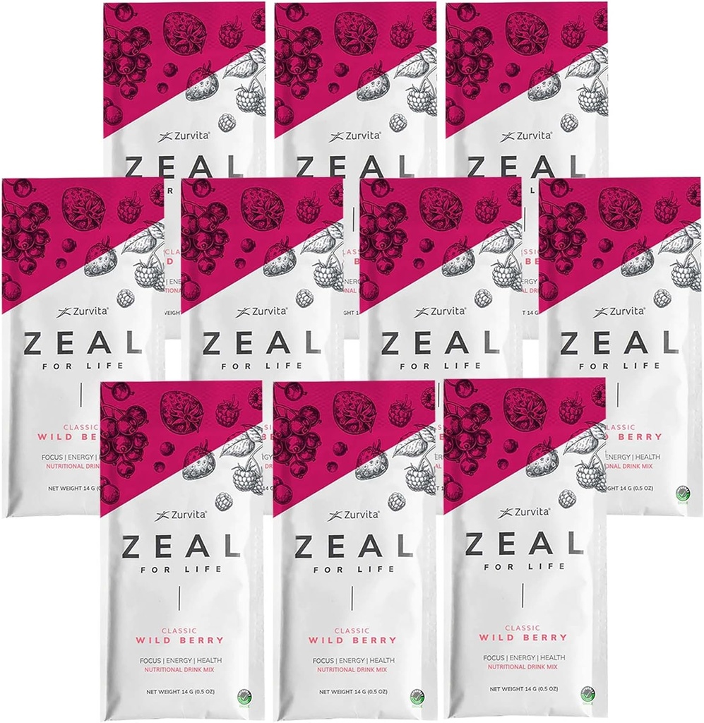 Zurvita - Zeal for Life Wellness Drink Mix - Saveur de baies sauvages (classique) - Sans gluten, végétalien, avec des vitamines et des minéraux - 10 paquets simples