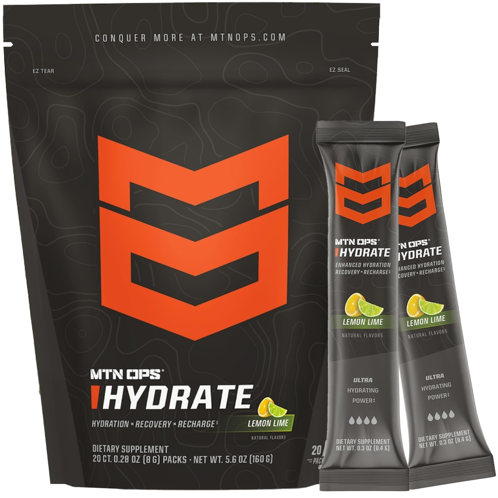 MTN OPS Hydrate Electrolytes Mélange de poudre, 20 boîtes d'électrolytes à usage unique avec plus de 1000mg d'électrolytes par portion, citron Lime