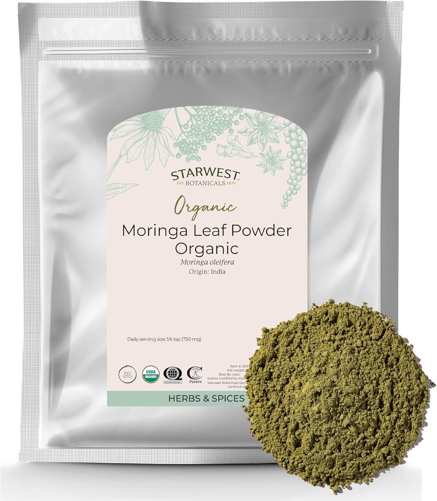 Starwest Botanicals Bio Moringa Poudre de feuille - Green Superfood Poudre pour Thé, Capsules, Jus, & Smoothies, Source naturelle d'antioxydants, Certifié Kosher, Non OGM - Bulk 1 lb Sac