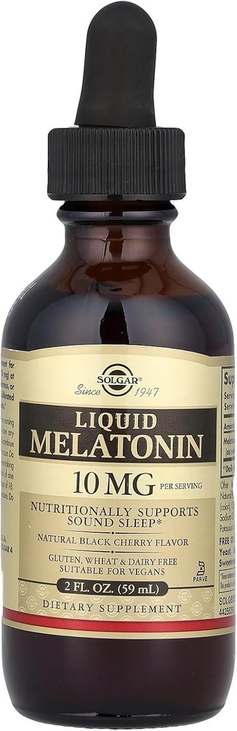 Solgar Mélatonine liquide 10 mg, saveur de cerise noire naturelle - 2 fl oz - Idéal pour Jet Lag - Vegan, sans gluten et sans lait, casher - 59 portions