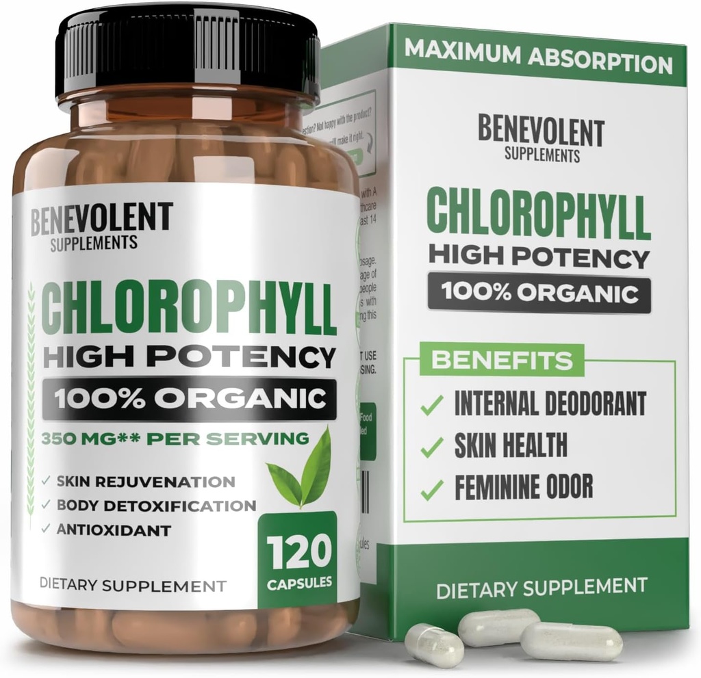Gélules Benevolent Chlorophylle 350mg - 100% Naturel + Ultra Chlorophylle 20x Concentration de puissance pour stimuler l'énergie, soutien immunitaire, Déodorant interne, Santé de la peau, Non-OGM, 120 Capsules