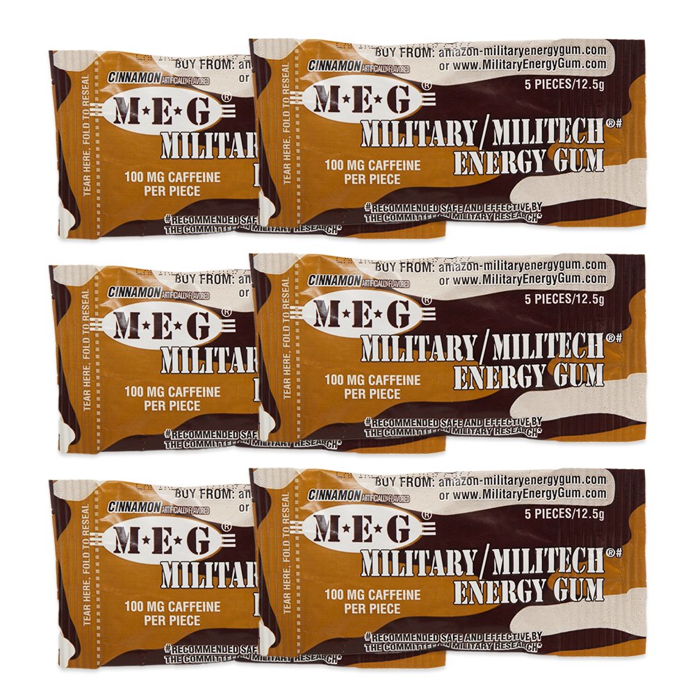 MEG - Énergie militaire Gum=100mg de caféine par pièce + Augmenter l'énergie + Booster la performance physique + Cinnamon 6 Pack (30 Compte)
