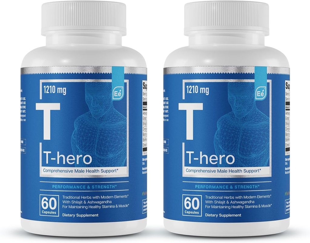 Éléments essentiels T-Hero - Support quotidien de testostérone pour les hommes - favorise la vitalité et la conduite - avec Ashwagandha, Shilajit, Boron, DIM - 60 comte - 30 services (2-paquet)