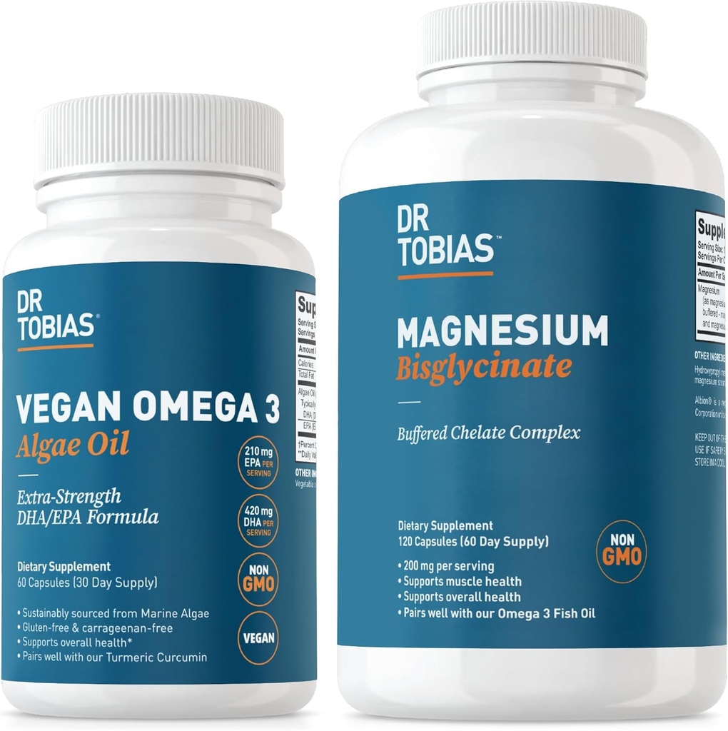 Dr Tobias Vegan Omega 3 Huile d'algues et bisglycinate de magnésium, soutien essentiel au mieux-être pour la santé du coeur, du cerveau, des muscles et des os, non OGM, végétalien