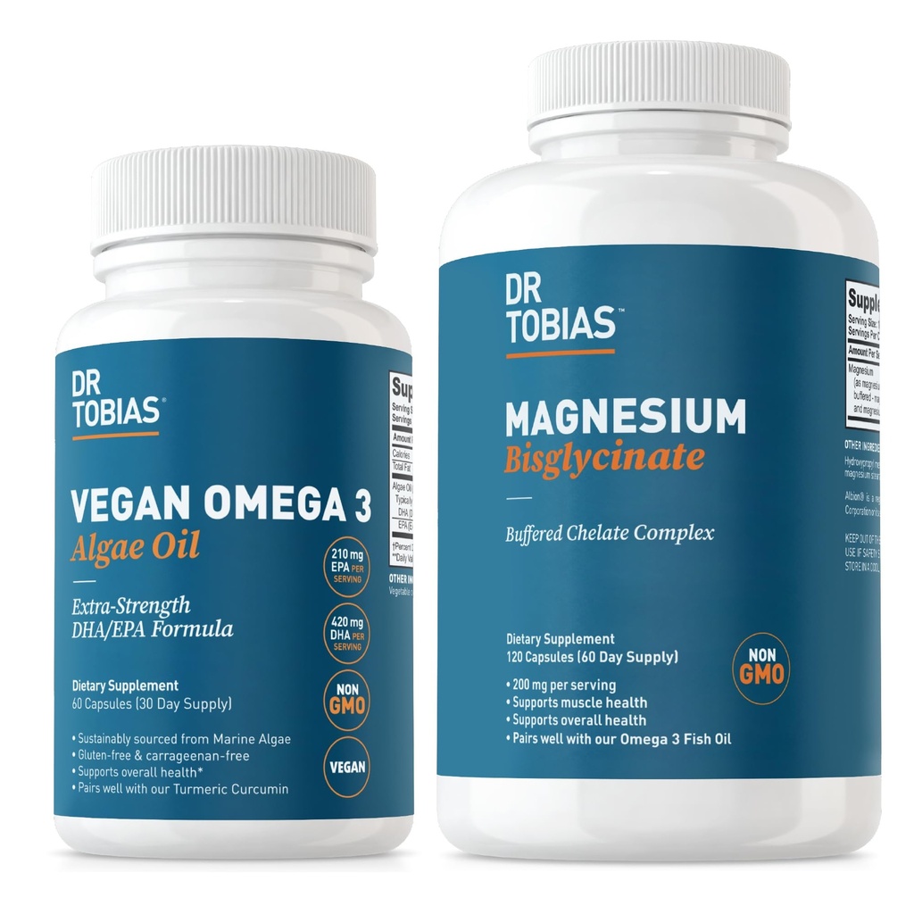 Dr Tobias Vegan Omega 3 Huile d'algues et bisglycinate de magnésium, soutien essentiel au mieux-être pour la santé du coeur, du cerveau, des muscles et des os, non OGM, végétalien