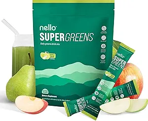 Nello Supergreens Premium Superfood Greens Drink Mix avec/Chlorella, Moringa, Épinards et Brocolis + Enzymes digestifs et mélange probiotique - Poudre de mieux-être emballée en nutrition (Mango Peach, 20 SRV, Pack de voyage)