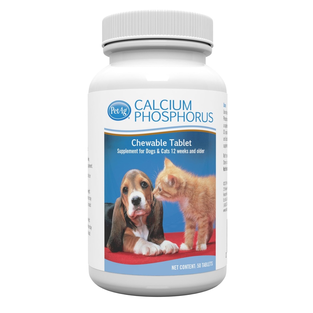 Comprimés de phosphate de calcium de PetAg - 50 comprimés - Utilisation quotidienne, supplément à croquer pour chiens et chats 12 semaines et plus - enrichi en vitamine D