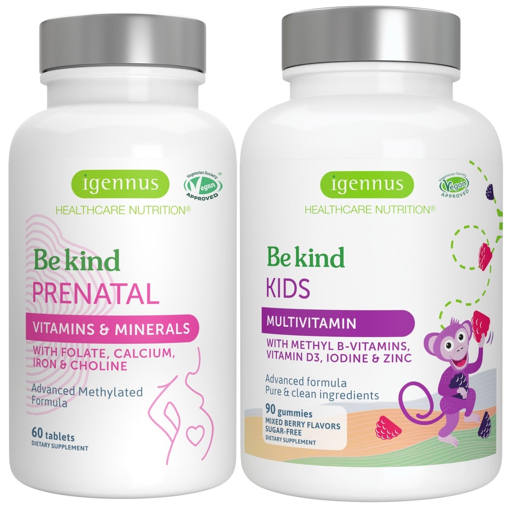 Absorption élevée Méthylé Prénatal + Avancé Enfants Multivitamine Gummy Végétalien Bundle, Étiquette propre avec Vitamine A, B, C, D3 & E, 60 Comprimés + 90 Gummées Berry Flamour, Soyez gentils avec Igennus