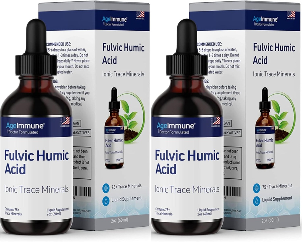 Supplément liquide d'acide humique fulvic. Drops minéraux dérivés de plantes, plus de 75 minéraux traces pour stimuler l'énergie. Jusqu'à 8 mois d'approvisionnement. Concentration 250%. 2oz Chaque. 2 bouteilles.