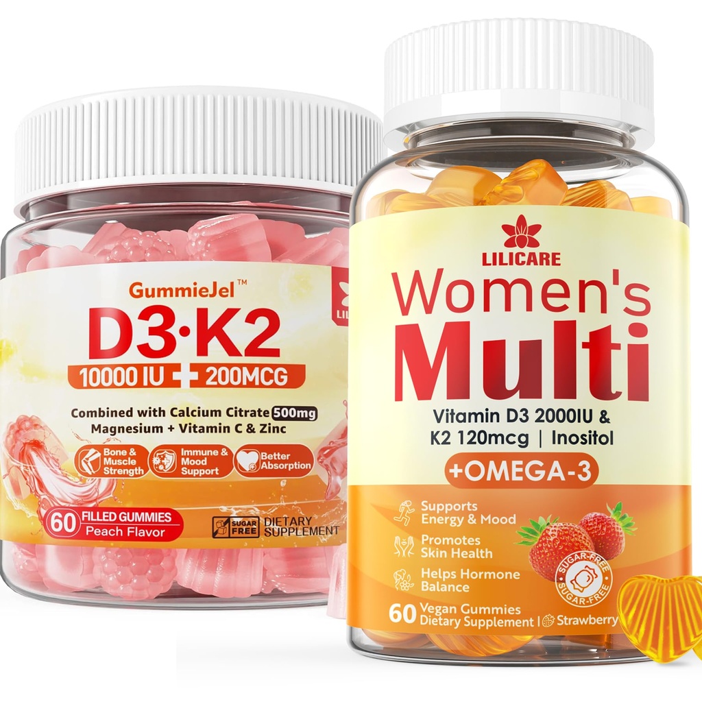 Vitamine sans sucre D3 K2 Gummies remplies + Multivitamine pour les femmes Gummies