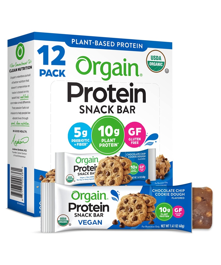 Barres de protéines végétales organiques d'orgaine, Toux à biscuits de croustilles au chocolat - 10g Protéines végétales, collations saines à faible teneur en calories, sans ingrédients de lactose ou de soja, sans gluten, sans OGM - 1,41 Oz (paquet de 12)