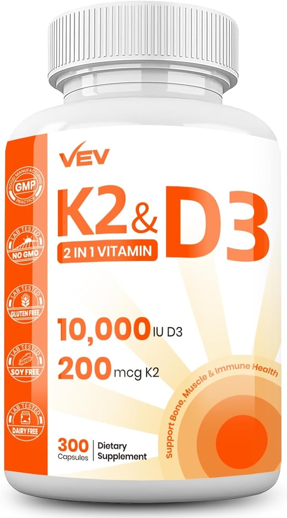 VEV Vitamine D3 K2 – Capsules faciles à avaler, 300 Capsules (paquetage mai Vary)