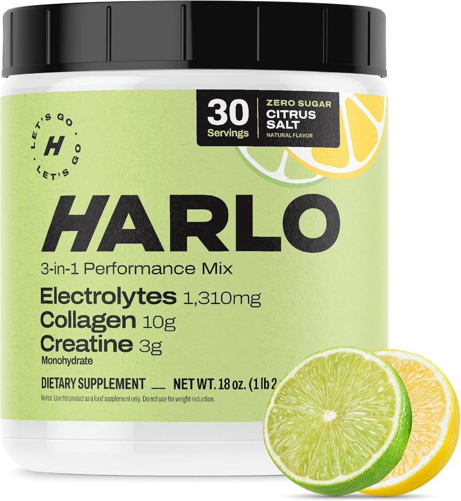 Harlo - Citrus sel de boisson électrolyte mélange avec collagène bovine et créatine - poudre monohydratée de créatine - poudre de boisson énergétique - poudre de pré-entraînement - boissons sans sucre d'énergie - récupération après entraînement