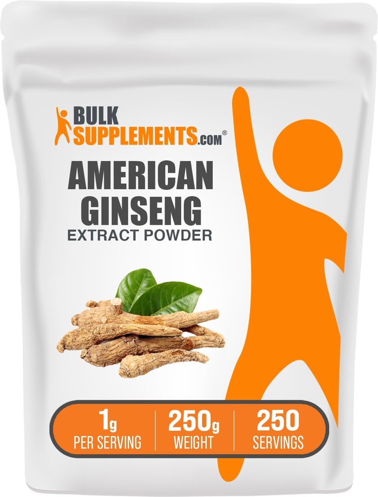 BulkSupplements.com Poudre d'extrait de ginseng américaine - supplément de ginseng, suppléments à base de plantes - sans gluten, 1g par portion, 250g (8,8 oz) (paquet de 1)