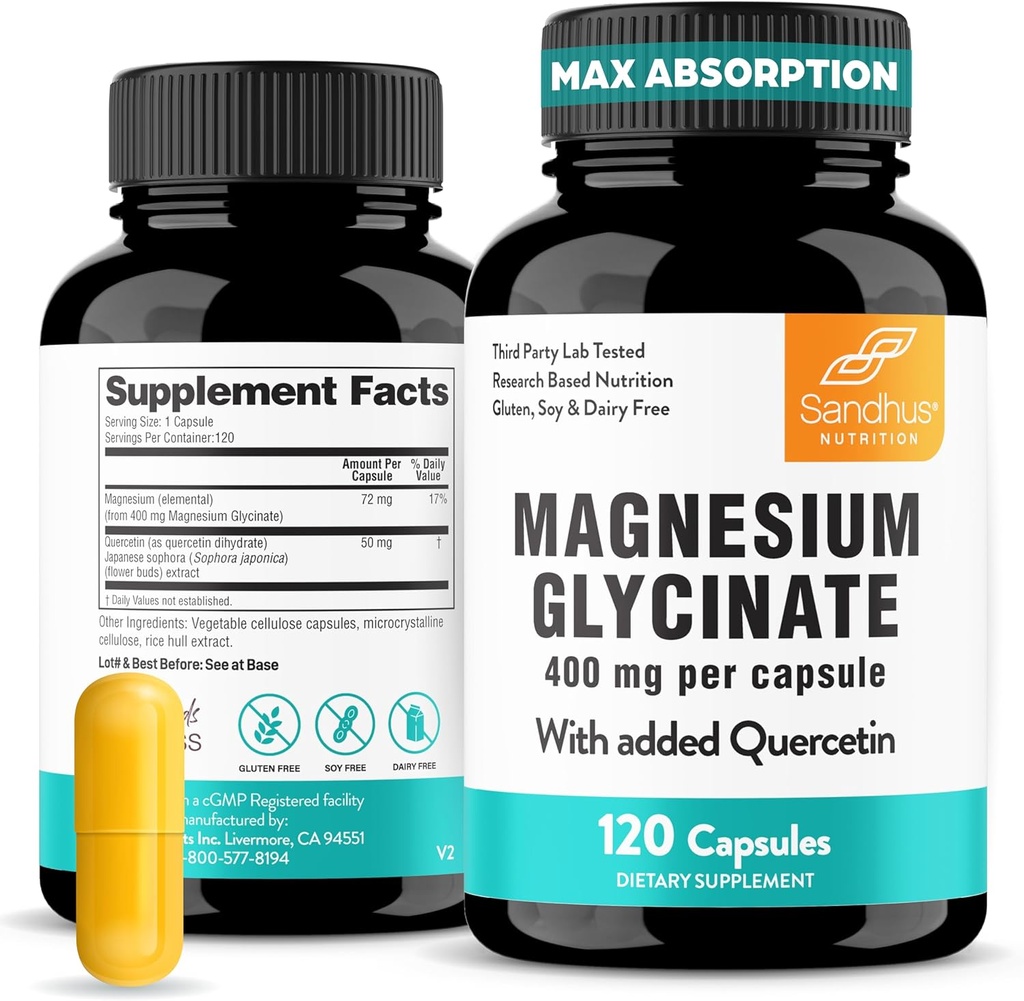 Sandhu Magnésium Glycinate 400mg Capsules avec Quercetin de Qualité Sommeil, Relaxation, Santé musculaire et Immune Support de 120 Nombre (Pack de 1)