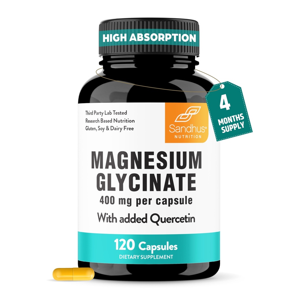 Sandhu Magnésium Glycinate 400mg Capsules avec Quercetin de Qualité Sommeil, Relaxation, Santé musculaire et Immune Support de 120 Nombre (Pack de 1)