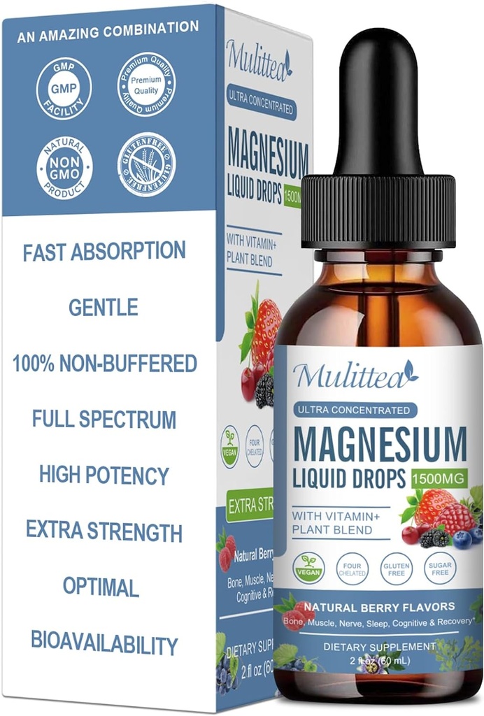 Magnésium Glycinat goutte liquide - Supplément triple absorption pour soutenir les nerfs, le sommeil, le calme, le cœur, les muscles * -Sans sucre avec potassium, L-Theanine, la mousse de mer,Vitamine B,C,D3, K2-1Pack