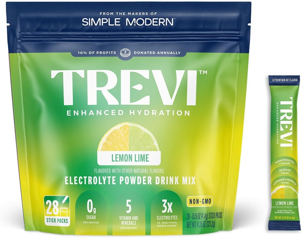 TREVITM Electrolytes sans sucre - Mélange de boissons en poudre d'hydratation - 28 Compte - Citron Lime
