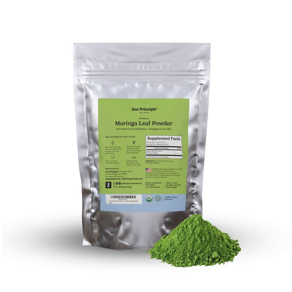 Principe Zen 1 lb. Poudre de feuille de Moringa bio premium Oleifera. USDA certifié biologique.