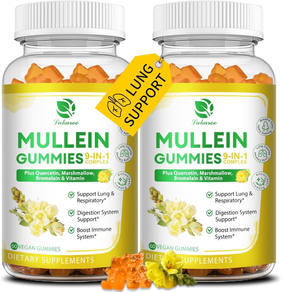 (2 Pack) 9 in 1 Mullein Gummies for Lung Cleanse & Detox, Extra Strength Mullein Leaf Extract w/Quercetin, Bromelain, Elderberry & Marshmallow for Respiratory, Immune & Digestive, Vegan,120 Count