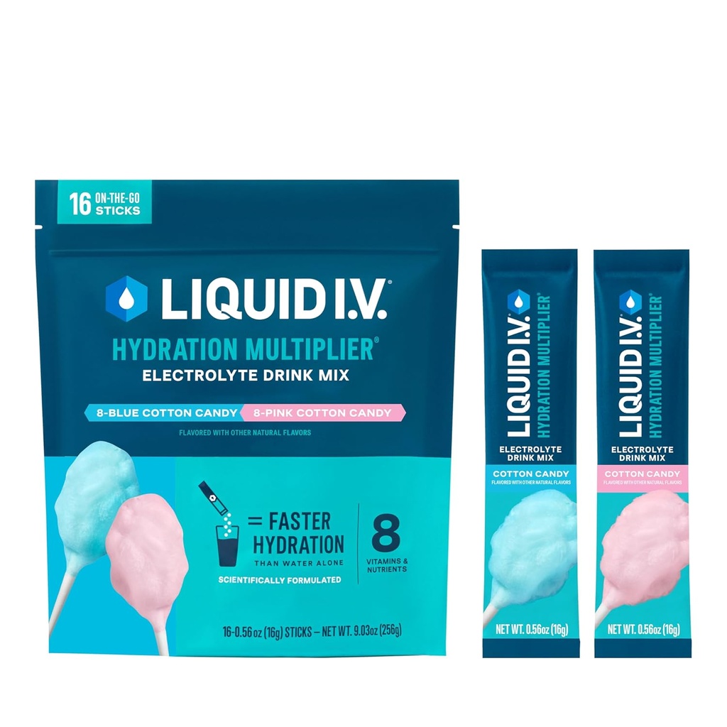 Multiplicateur d'hydratation I.V.® liquide - Cotton Candy (coton) Mélange de poudre d'électrolyte 1 paquet (16 portions)