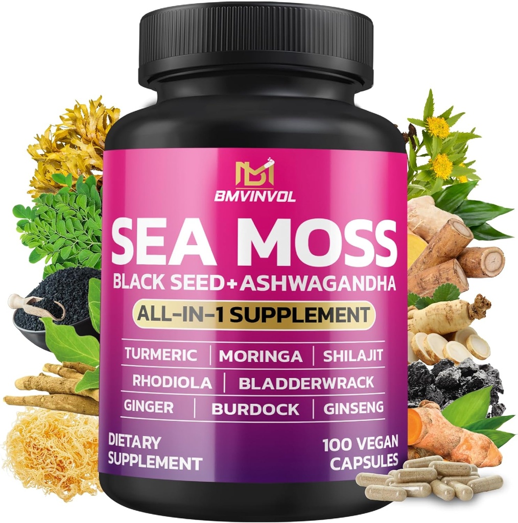 BMVINVOL Sea Moss Graines noires Shilajit Ashwagandha + Bladderwrack, Ginger, Moringa, Turmeric, Burdock, Ginseng, Rhodiola Rosea - 100 Capsules