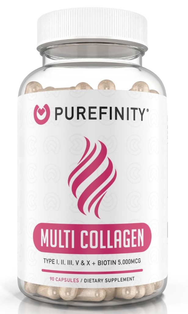 PUREFINITY Peptides de collagène pour femmes – Type I, II, III, V & X avec biotine et acide hyaluronique, soutient la peau saine, les os, les cheveux et les ongles – non-OGM, gazon (90 capsules, 1 mois d'approvisionnement)