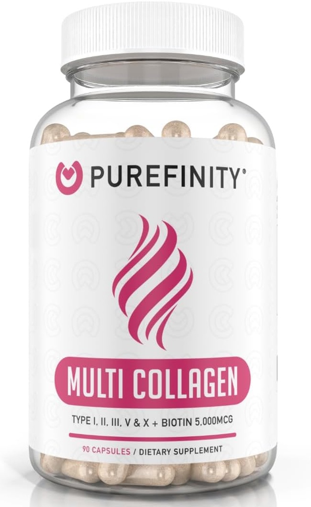 PUREFINITY Peptides de collagène pour femmes – Type I, II, III, V & X avec biotine et acide hyaluronique, soutient la peau saine, les os, les cheveux et les ongles – non-OGM, gazon (90 capsules, 1 mois d'approvisionnement)