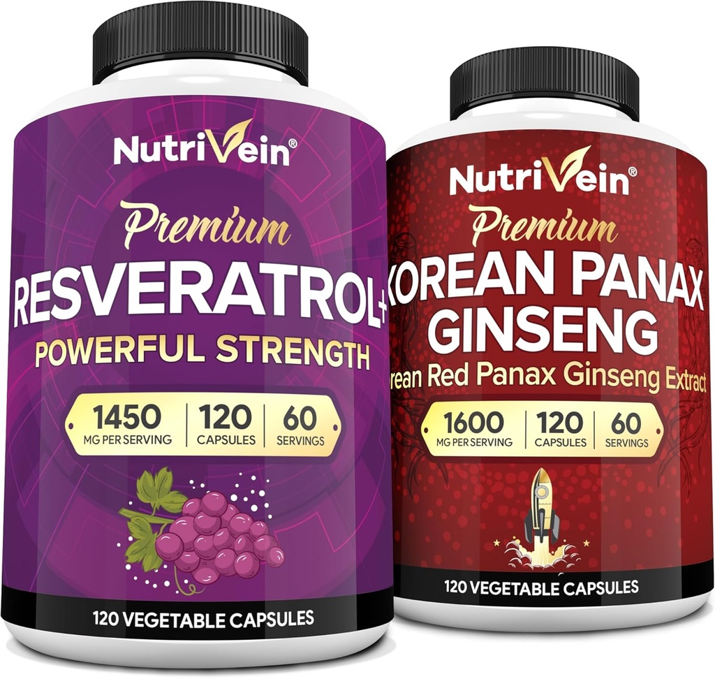 Nutrivein Premium Korean Panax Ginseng Supplement & Resveratrol Supplement Bundle: Capsules et Ginseng à haute absorption pour le cerveau, la défense, la réparation et la vitalité