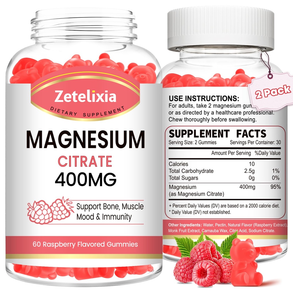 Citrate de magnésium de 2 paquets Gommies 400MG, Gommies de magnésium à haute absorption pour adultes, soutien musculaire et de dents, Vegan 120 Cts